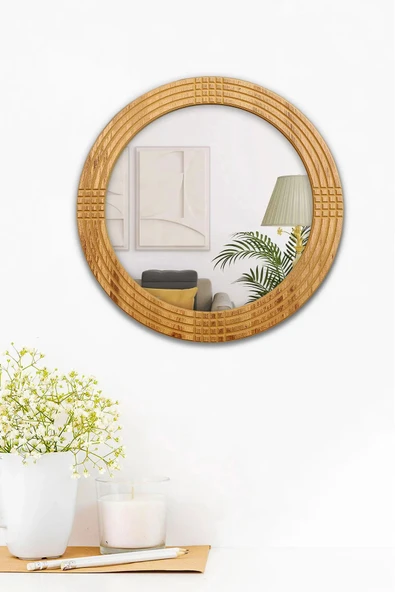 MONTESEV  Safir Antik İşlemeli Ahşap Dekoratif Ayna Yuvarlak Ayna Duvar Aynası Banyo Lavabo Aynası - 69 Cm - 4