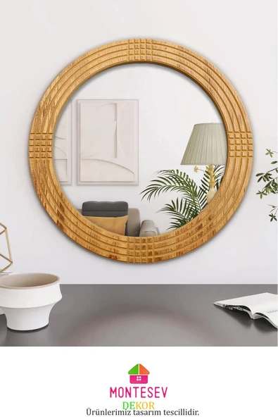 MONTESEV  Safir Antik İşlemeli Ahşap Dekoratif Ayna Yuvarlak Ayna Duvar Aynası Banyo Lavabo Aynası - 56 Cm - 2