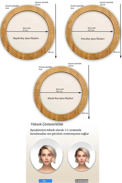 MONTESEV  Safir Antik İşlemeli Ahşap Dekoratif Ayna Yuvarlak Ayna Duvar Aynası Banyo Lavabo Aynası - 69 Cm - 7