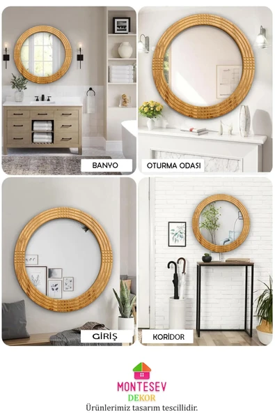 MONTESEV  Safir Antik İşlemeli Ahşap Dekoratif Ayna Yuvarlak Ayna Duvar Aynası Banyo Lavabo Aynası - 43 Cm - 5