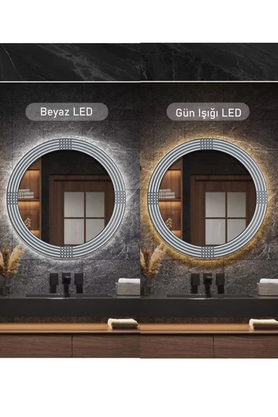 MONTESEV  Led'li Işıklı Safir Gümüş Dekoratif Ayna Yuvarlak Ayna İşlemeli Ahşap Duvar Aynası Tekli - 43 Cm - 3