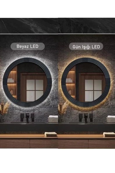 MONTESEV  Led'li Işıklı Safir Siyah Dekoratif Ayna Yuvarlak Ayna İşlemeli Ahşap Duvar Aynası Tekli - 43 Cm - 3