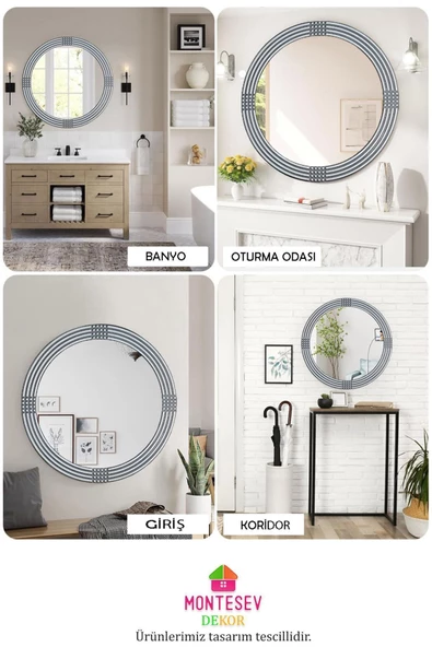 MONTESEV  Safir Elit Dekoratif Ayna Yuvarlak Ayna Işlemeli Ahşap Duvar Aynası Üçlü / 69 - 56 - 43 Cm - 5