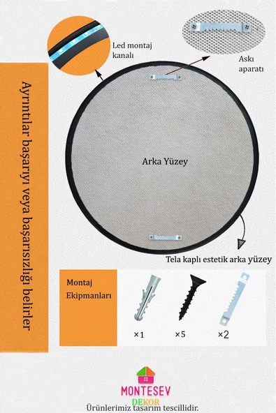MONTESEV  Led'li Işıklı Safir Siyah Dekoratif Ayna Yuvarlak Ayna İşlemeli Ahşap Duvar Aynası Tekli - 43 Cm - 5