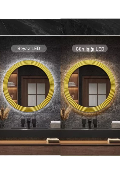MONTESEV  Led'li Işıklı Safir Gold Dekoratif Ayna Yuvarlak Ayna İşlemeli Ahşap Duvar Aynası Tekli - 43 Cm - 3