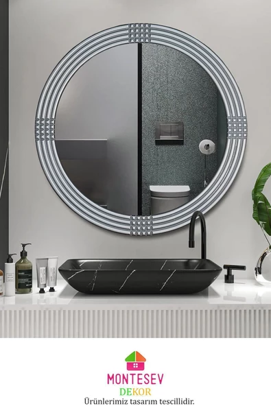 MONTESEV  Safir Gümüş Dekoratif Ayna Yuvarlak Ayna Işlemeli Ahşap Duvar Aynası Ikili / 56 - 43 Cm - 2