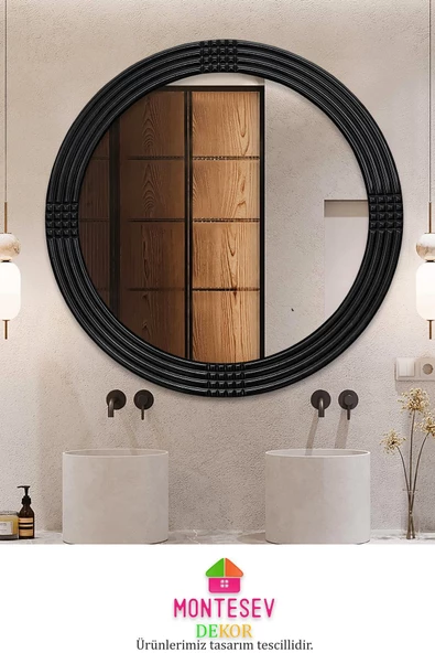 MONTESEV  Safir Elit Dekoratif Ayna Yuvarlak Ayna Işlemeli Ahşap Duvar Aynası Üçlü / 69 - 56 - 43 Cm - 4