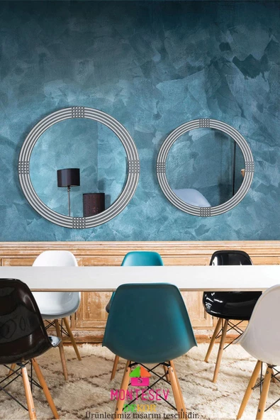 MONTESEV  Safir Gümüş Dekoratif Ayna Yuvarlak Ayna Işlemeli Ahşap Duvar Aynası Ikili / 56 - 43 Cm