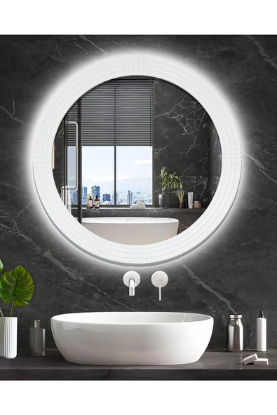 MONTESEV  Led'li Işıklı Safir Beyaz Dekoratif Ayna Yuvarlak Ayna İşlemeli Ahşap Duvar Aynası Tekli - 56 Cm