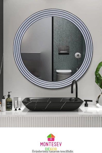 MONTESEV  Zümrüt Gümüş Dekoratif Ayna Yuvarlak Ayna Işlemeli Ahşap Duvar Aynası Tekli - 56 Cm ürün görseli