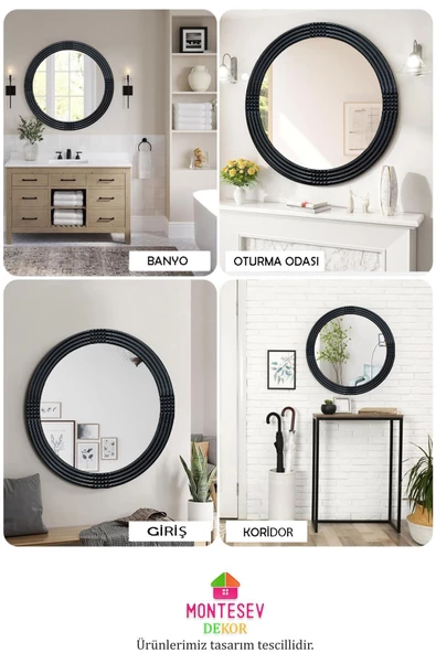 MONTESEV  Safir Siyah Dekoratif Ayna Yuvarlak Ayna Işlemeli Ahşap Duvar Aynası Tekli - 69 Cm - Resim 5