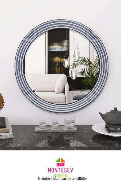 MONTESEV  Zümrüt Gümüş Dekoratif Ayna Yuvarlak Ayna Işlemeli Ahşap Duvar Aynası Tekli - 56 Cm - Resim 2
