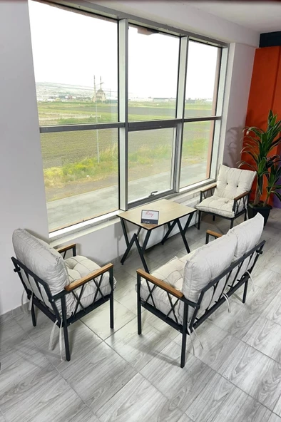 UFUK HOME Miray 211 Masalı Krem Fermuarlı Bahçe Balkon Takımı, Salon, Teras- Berjer Düğmeli Metal Çay Seti - 2