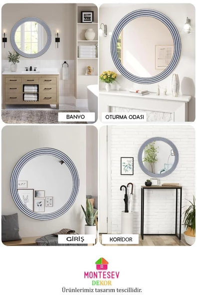 MONTESEV  Zümrüt Gümüş Dekoratif Ayna Yuvarlak Ayna Işlemeli Ahşap Duvar Aynası Tekli - 56 Cm - Resim 5