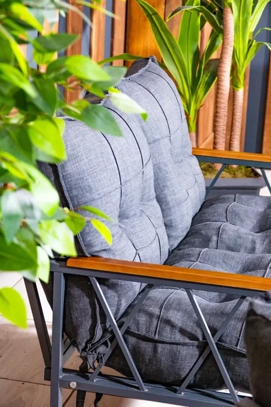 UFUK HOME Miray 211 Masalı Antrasit Fermuarlı Bahçe Balkon Takımı, Salon, Teras- Berjer Düğmeli Metal Çay Seti - 5
