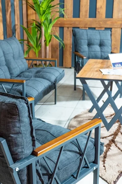 UFUK HOME Miray 211 Masalı Antrasit Fermuarlı Bahçe Balkon Takımı, Salon, Teras- Berjer Düğmeli Metal Çay Seti - 2