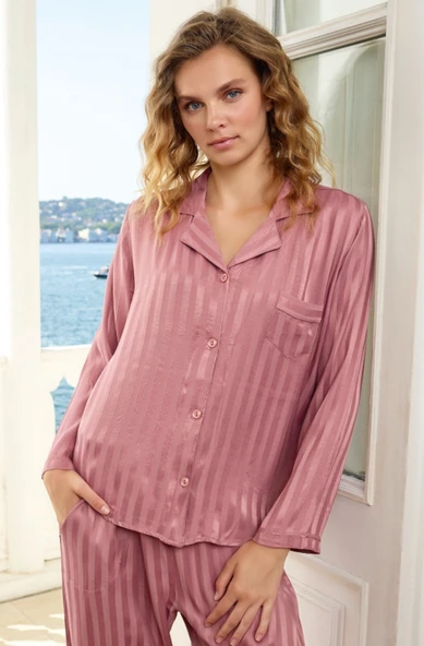 Kadın Önden Düğmeli Gömlek Yaka Pamuk Saten Göğüs Cepli Uzun Kol Pijama Takımı - 3