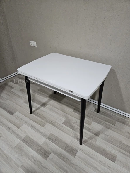 Enkare Beyaz Küçük Mdf Masa, Siyah Ayaklı, Mutfak Masası, 4 Kişilik Açılabilir Yemek Masası - 4