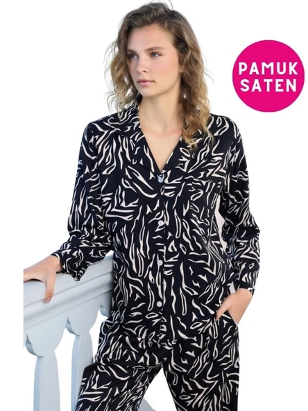 Kadın Önden Düğmeli Gömlek Yaka Pamuk Saten Göğüs Cepli Uzun Kol Pijama Takımı - 6