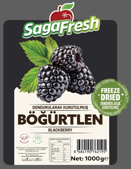 SagaFresh Dondurularak Kurutulmuş Böğürtlen Dilimleri 1000g