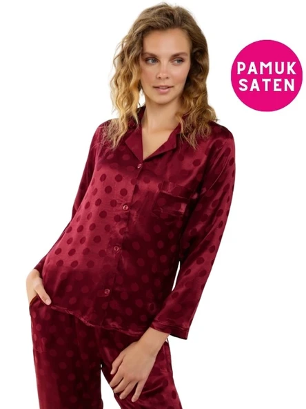 Kadın Önden Düğmeli Gömlek Yaka Pamuk Saten Göğüs Cepli Uzun Kol Pijama Takımı - 7