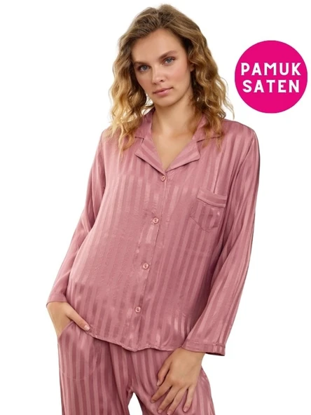 Kadın Önden Düğmeli Gömlek Yaka Pamuk Saten Göğüs Cepli Uzun Kol Pijama Takımı - 11