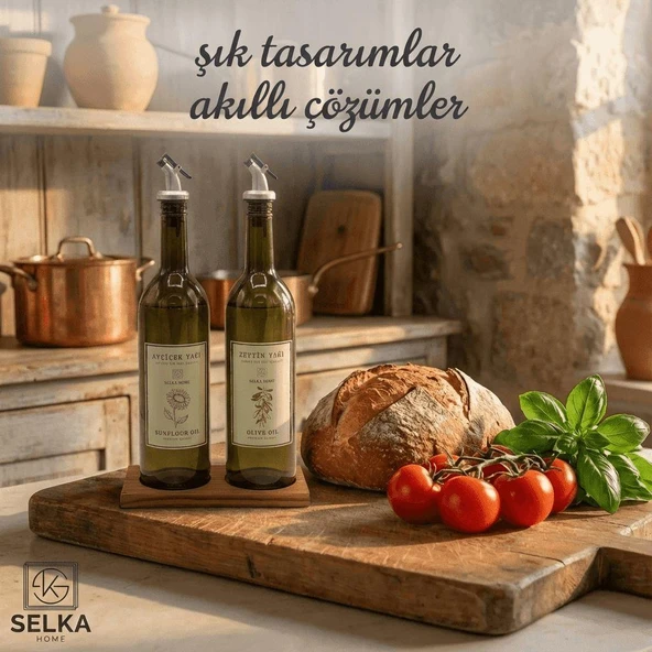 Selka Home Ahşap Stant 2'li Olıve Oıl ve Sunflour Oıl 750 ml ürün görseli 1