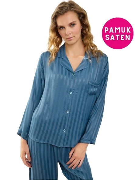 Kadın Önden Düğmeli Gömlek Yaka Pamuk Saten Göğüs Cepli Uzun Kol Pijama Takımı - 10