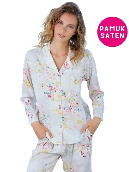 Kadın Önden Düğmeli Gömlek Yaka Pamuk Saten Göğüs Cepli Uzun Kol Pijama Takımı - 9