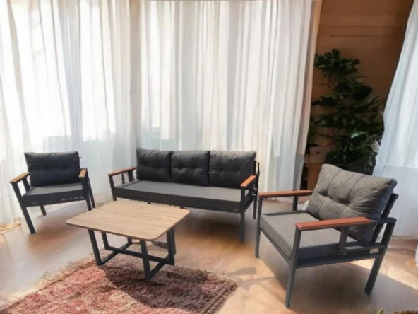 Pimango Pielize Bahçe Ve Balkon Mobilyası Antrasit 3+1+1 Sehpalı