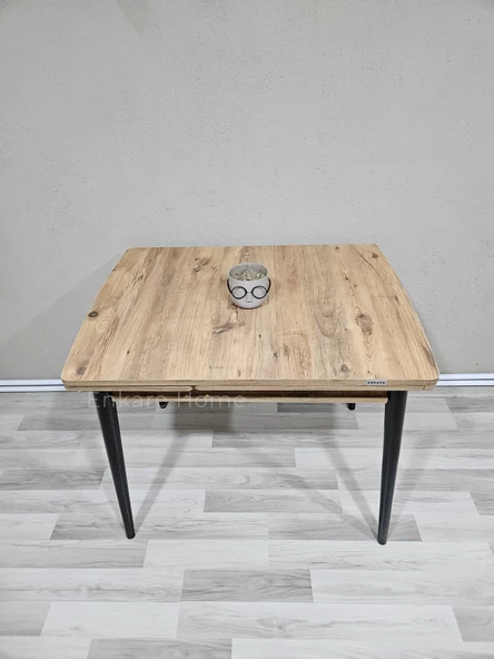 Enkare Çam Desenli Mdf Masa, Siyah Ayak, Açılabilir Mutfak Masası, 4 Kişilik Yemek Masası - 2