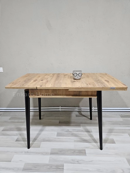 Enkare Çam Desenli Mdf Masa, Siyah Ayak, Açılabilir Mutfak Masası, 4 Kişilik Yemek Masası - 3