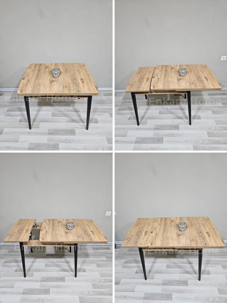 Enkare Çam Desenli Mdf Masa, Siyah Ayak, Açılabilir Mutfak Masası, 4 Kişilik Yemek Masası - 6