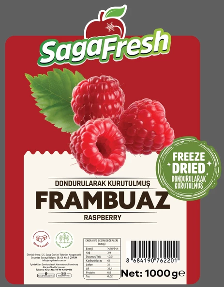 SagaFresh Dondurularak Kurutulmuş Frambuaz Dilimleri 1000g