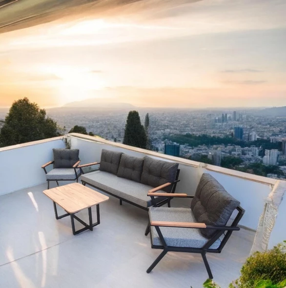 Pimango Pi Locca Bahçe Ve Balkon Mobilyası Gri Antrasit 3+1+1 Sehpalı