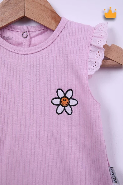 Babyhola %100 Pamuk Kız Bebek Papatya Nakışlı Kolları Güpürlü Şortlu Takım 3662 - 3
