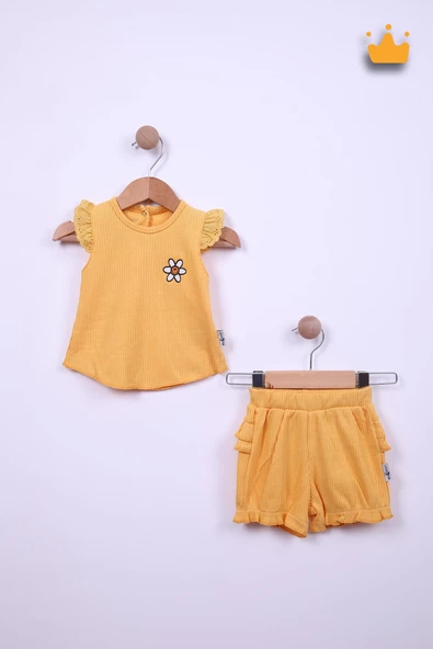 Babyhola %100 Pamuk Kız Bebek Papatya Nakışlı Kolları Güpürlü Şortlu Takım 3662 - 8