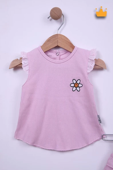 Babyhola %100 Pamuk Kız Bebek Papatya Nakışlı Kolları Güpürlü Şortlu Takım 3662 - 2