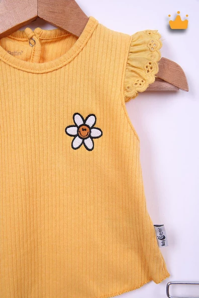 Babyhola %100 Pamuk Kız Bebek Papatya Nakışlı Kolları Güpürlü Şortlu Takım 3662 - 10