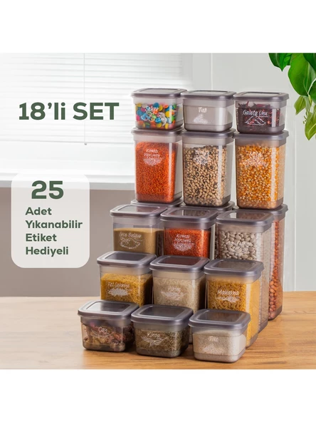 Porsima 433-GR-6 18 Li Kare Etiketli Gıda Erzak Baharat Saklama Kabı Seti 6x(0.60+1.30+1.90) Lt Gri