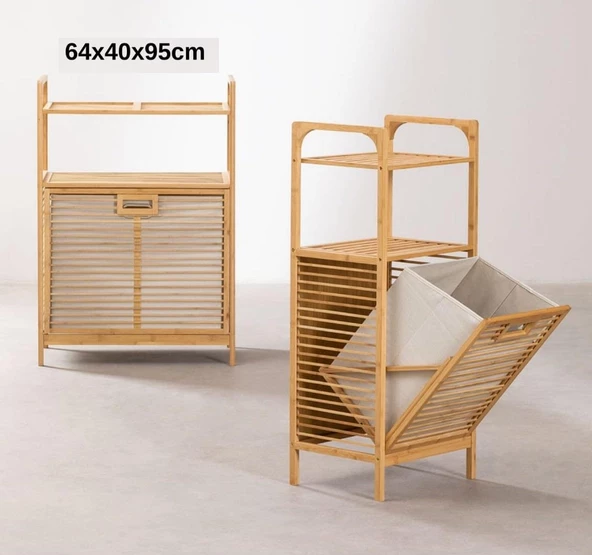 Panalı Bambu Çamaşır Sepeti Raflı Büyük Boy PNLB9193 - 2
