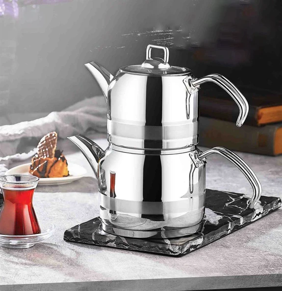 Kahramanlar Enza Orta Boy Çelik Çaydanlık Takımı-Platin ürün görseli 1