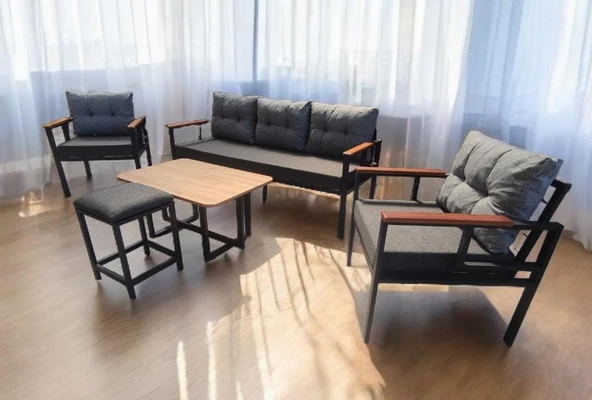 Pimango Pi Elize Bahçe Ve Balkon Mobilyası Antrasit Gri 3+1+1 Sehpalı ve Puflu