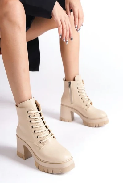 Feles Yüksek Kalın Taban 9 cm Bağcıklı Kadın Bot - Resim 10