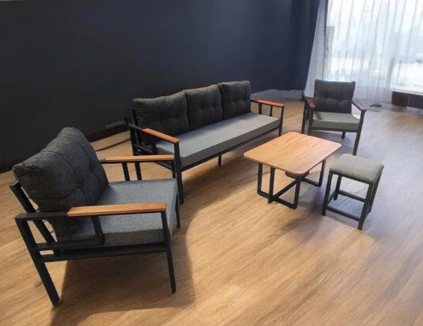 Pimango Pi Elize Bahçe Ve Balkon Mobilyası Gri Antrasit 3+1+1 Sehpalı ve Gri Puflu - 2
