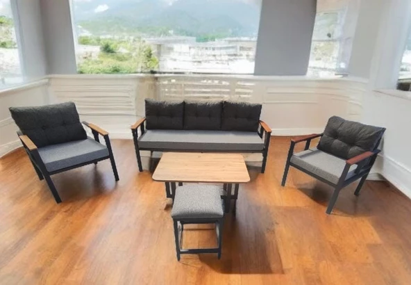 Pimango Pi Elize Bahçe Ve Balkon Mobilyası Gri Antrasit 3+1+1 Sehpalı ve Gri Puflu