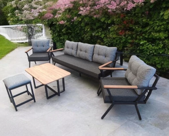 Pimango Pi Locca Bahçe Ve Balkon Mobilyası Antrasit Gri 3+1+1 Sehpalı ve Gri Puflu