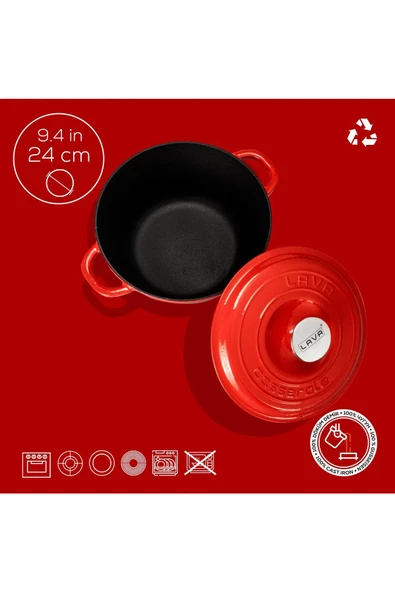 Lava Döküm Yuvarlak Tencere 24 Cm Kırmızı (TEŞHİR) - 3