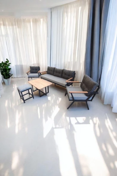 Pimango Pi Locca Bahçe Ve Balkon Mobilyası Antrasit Gri 3+1+1 Sehpalı ve Gri Puflu