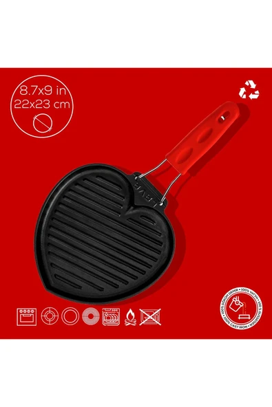 Lava Tel ve Silikon Saplı Izgara Tava -Kalp Şekilli- 22X23 cm Kırmızı - 3